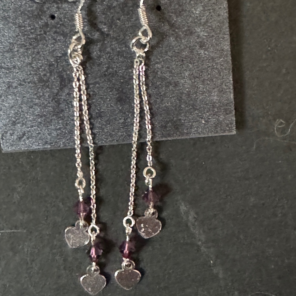 Sterling Silver with Amethyst crystals and hears, on fishhooks earrings, NEW